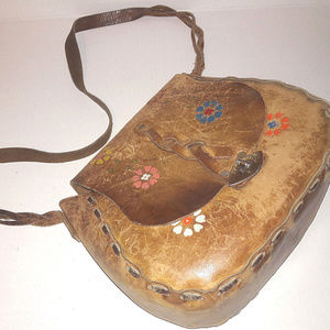 Hand Tooled Leather Stitched Hippie Handbag As Is